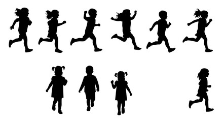 Silhouette Active Children Running and Standing Group Activity Flat Illustration