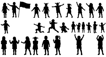 Silhouette Children Group Playing Together Various Poses Illustration Graphic Asset