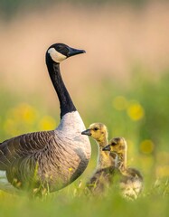 Canada goose and goslings in a meadow