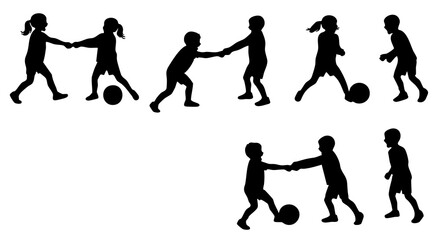 Minimalist Silhouette Illustration of Children Playing with Soccer Ball Outdoor Activity