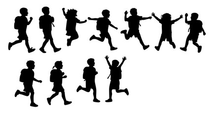 Silhouette Dynamic Schoolchild Leaping Joyfully with Backpack Illustration