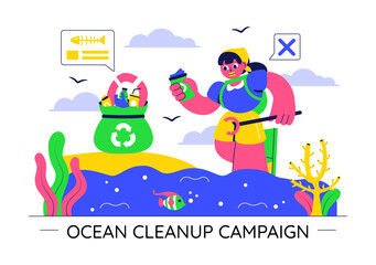 Ocean Cleanup Campaign Illustration Featuring Cleaning the Sea Beach from Trash and Garbage to Restore Nature and Promote Environmental Awareness