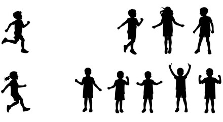 Black Silhouette Children in Various Poses Playing and Having Fun Illustration