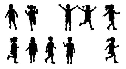 Simple Silhouette Group of Diverse Children Playing and Running Icon Set