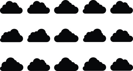 Collection of simple black cloud silhouette icons set isolated on white background, modern weather forecast symbols vector illustration design