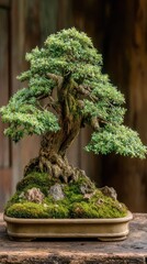 Old bonsai tree with gnarly roots, moss, and tiny green leaves