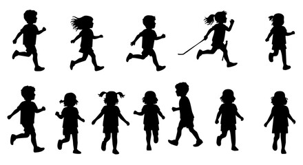 Dynamic Silhouette Diverse Children Running and Walking Action Figures Illustration