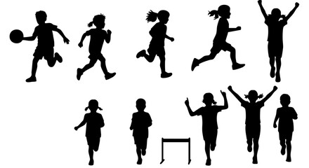 Black Silhouette Various Active Children Running Playing Sport Illustration