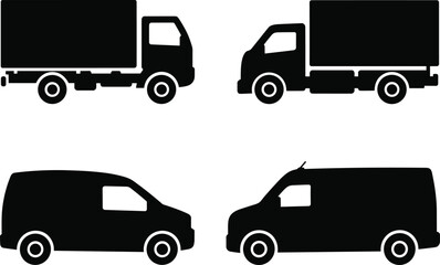 Delivery Truck and Cargo Van Vector Icons – Black Commercial Vehicle Silhouettes for Transport, Logistics, Freight, and Shipping Design