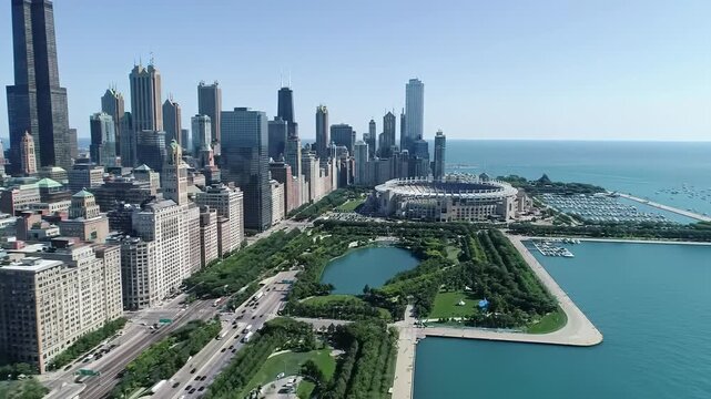 Breathtaking aerial drone video of Chicago's bustling urban core on a sunny day, showcasing Willis Tower, Aon Center, Grant Park, Lake Michigan with sailboats. Concept of grand American city panorama