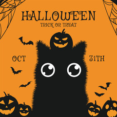 Happy Halloween party poster with cat, pumpkins, bats. Cover horror night. October 31 holiday.