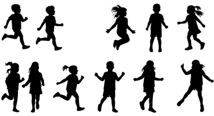 Silhouette Dynamic Children Playing and Running Illustration with Various Poses