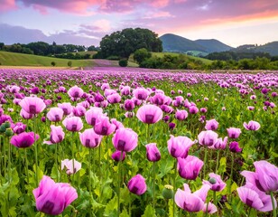 Panoramic view of a vibrant field of blossoming pink poppies at sunset