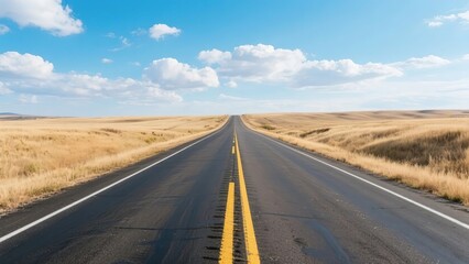 Straight asphalt road stretching through golden grasslands under a clear blue sky
