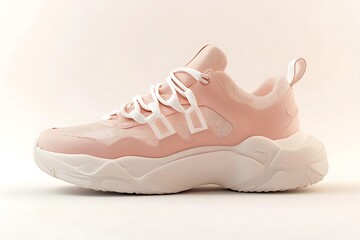 A pastel pink sneaker with minimalist design and white laces placed on a soft off-white base 