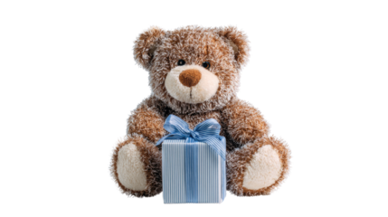 Cute soft teddy bear holding decorative gift box with ribbon bow perfect for birthday holiday celebration present isolated on white background