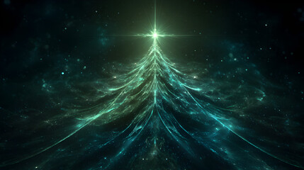 Futuristic glowing Christmas tree made of green light
