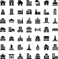 Collection of diverse building icons representing various structures