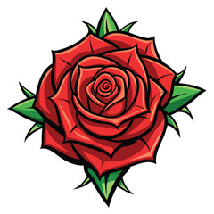 A red rose blossoms with sharp green sepals in a bold, blackoutlined cartoon style