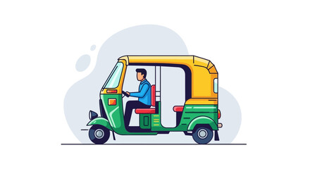 Fototapeta premium Colorful Illustration of an Auto Rickshaw with Driver A Vibrant Depiction of Urban Transport and Indian Culture in Minimalistic Vector Style