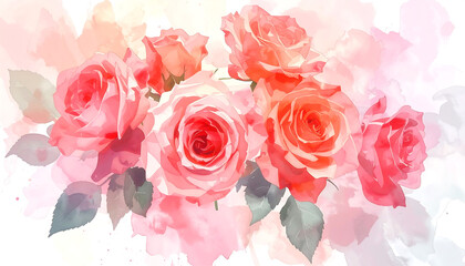 Fototapeta premium Soft watercolor rose bouquet with coral pink petals and green leaves, romantic floral illustration evoking gentle warmth and delicate beauty