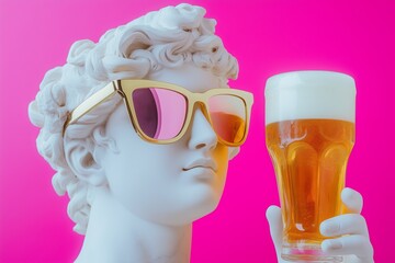 White marble statue head wearing golden sunglasses holding a glass of beer against a pink background. Represents modern pop art, creativity, and humorous lifestyle concepts.