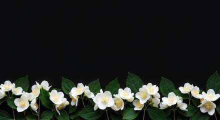 A row of white jasmine flowers with dark green leaves is displayed against a solid black background.