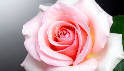 Close-up of a dewy, pale pink rose, petals unfolding to reveal a deeper pink center against a blurred gray and black background