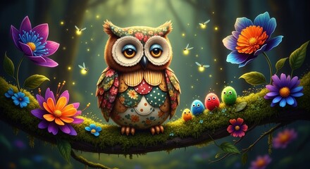 A whimsical owl with large eyes perched on a branch surrounded by colorful flowers and glowing fireflies.