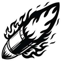 Black and white line art shows bullet engulfed in flames soaring through space