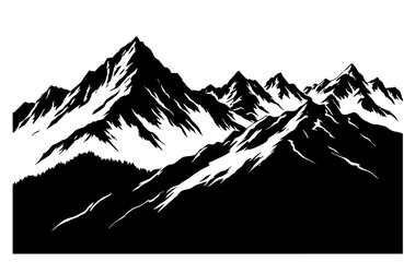 High snow-capped peaks of mountains, black silhouette sketch. Vector illustration. mountain range and pine trees, isolated on a white background.