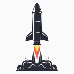 Black and white rocket blasting off with flames and stars in format