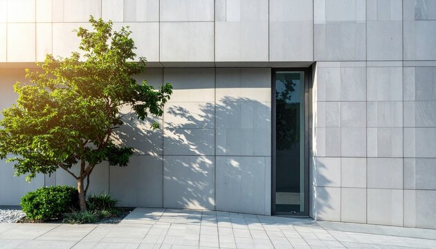 Modern building facade with a small tree, casting shadows on light-grey stone panels, beside a recessed glass door