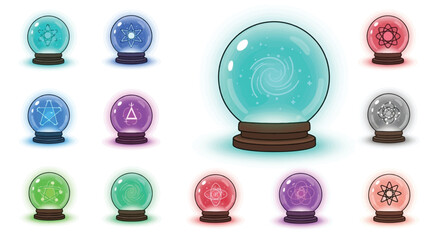 A collection of glowing magical orbs, each containing a unique mystical symbol, set against a white background.