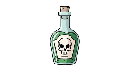 Cartoon illustration of a vintage green poison bottle with a skull and crossbones label and cork stopper, isolated on a white background.