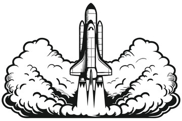 Black and white space shuttle launches upward amidst billowing smoke plumes dramatically