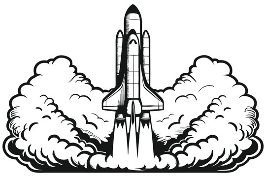 Black and white space shuttle launches upward amidst billowing smoke plumes dramatically