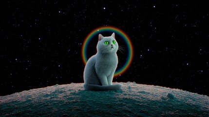 A surreal 3D render of a majestic white cat with green eyes sitting on a dark moon surface. A circular rainbow creates a halo effect against the vast, starry night sky