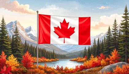 Canadian flag waving over a scenic autumn landscape