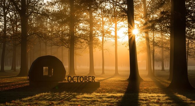 October sunrise in forest - Powered by Adobe