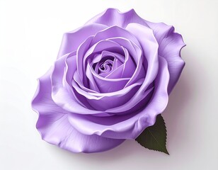 A single, light purple rose with soft, slightly ruffled petals, a tightly furled center, and a single dark green leaf, set against a plain white background