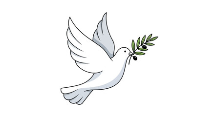 A white dove of peace flying with an olive branch in its beak against a plain background.