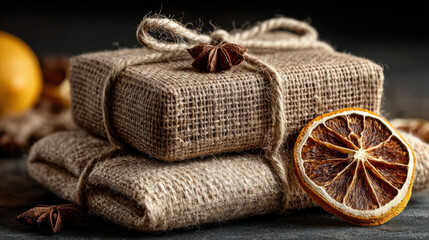 Festive packaging concept. Rustic gift boxes wrapped in burlap with dried orange slices and star anise