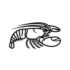 Black and white line art illustration of a lobster.