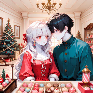 クリスマスパーティーの準備をするカップル。アルビノの少女と碧眼の青年の12月。漫画風のAIイラスト