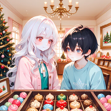 クリスマスパーティーの準備をするカップル。アルビノの少女と碧眼の少年の12月。日本の漫画風のAIイラスト