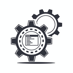 Black Gear with Wrench Icon Vector, Mechanical Symbol on White Background Design