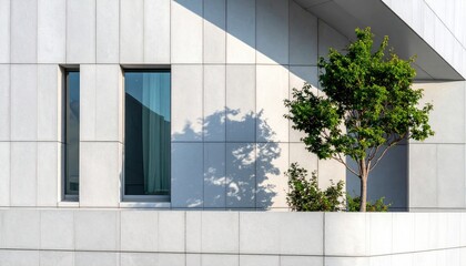 Modern building facade with a small tree casting a shadow on a tiled wall, showcasing clean lines and minimalist design