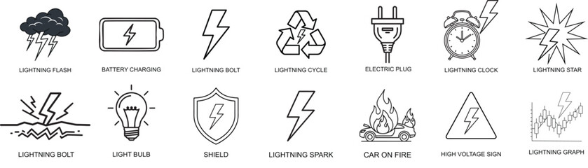 Lightning Bolt Icon Set Vector Illustration for Apps and Websites Design Projects Lightning Flash Battery Charging Clock Bulb Shield Spark Car on Fire High Voltage Sign