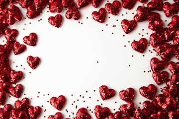 Sparkling Red Glitter Hearts Frame Romantic Valentine s Day Background with White Space for Text